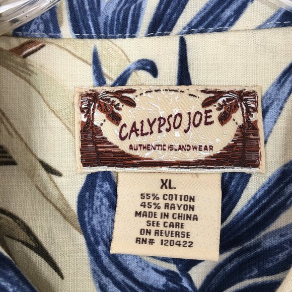 Calypso Joe Men’s Hawaiian Short Sleeve Button Front Shirt Size XL Floral Stamps - Picture 2 of 5